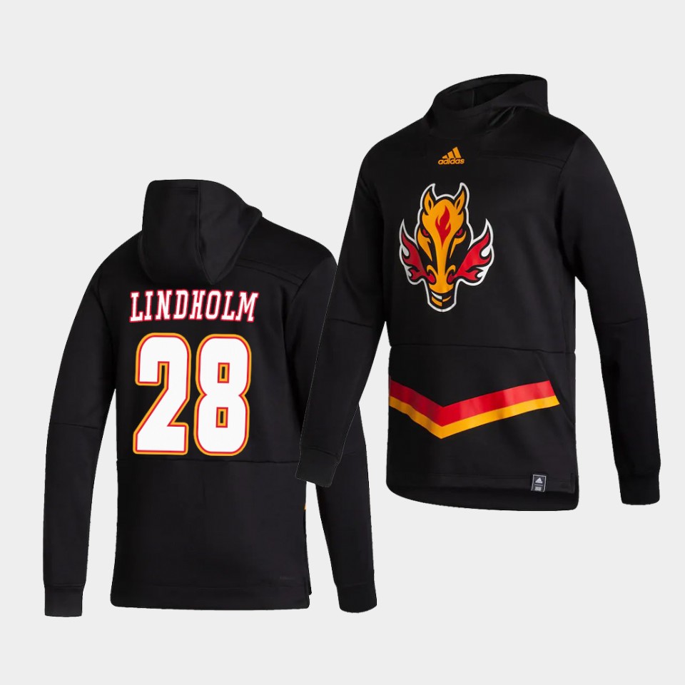 Men Calgary Flames #28 Lindholm Black NHL 2021 Adidas Pullover Hoodie Jersey